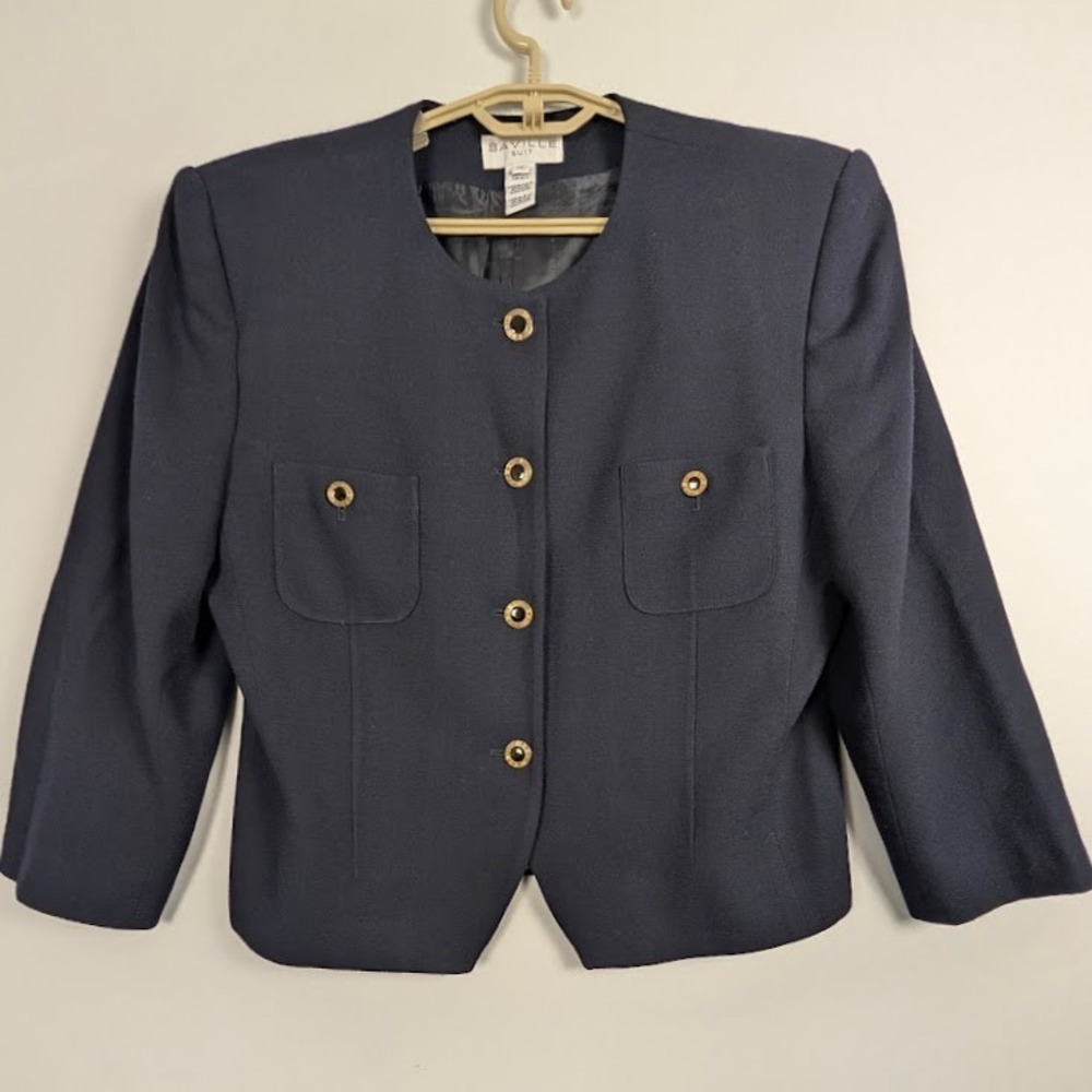 Saville Suit Blazer Women 12‎ Navy Blue Collarless Gold Button Crepe Jacket